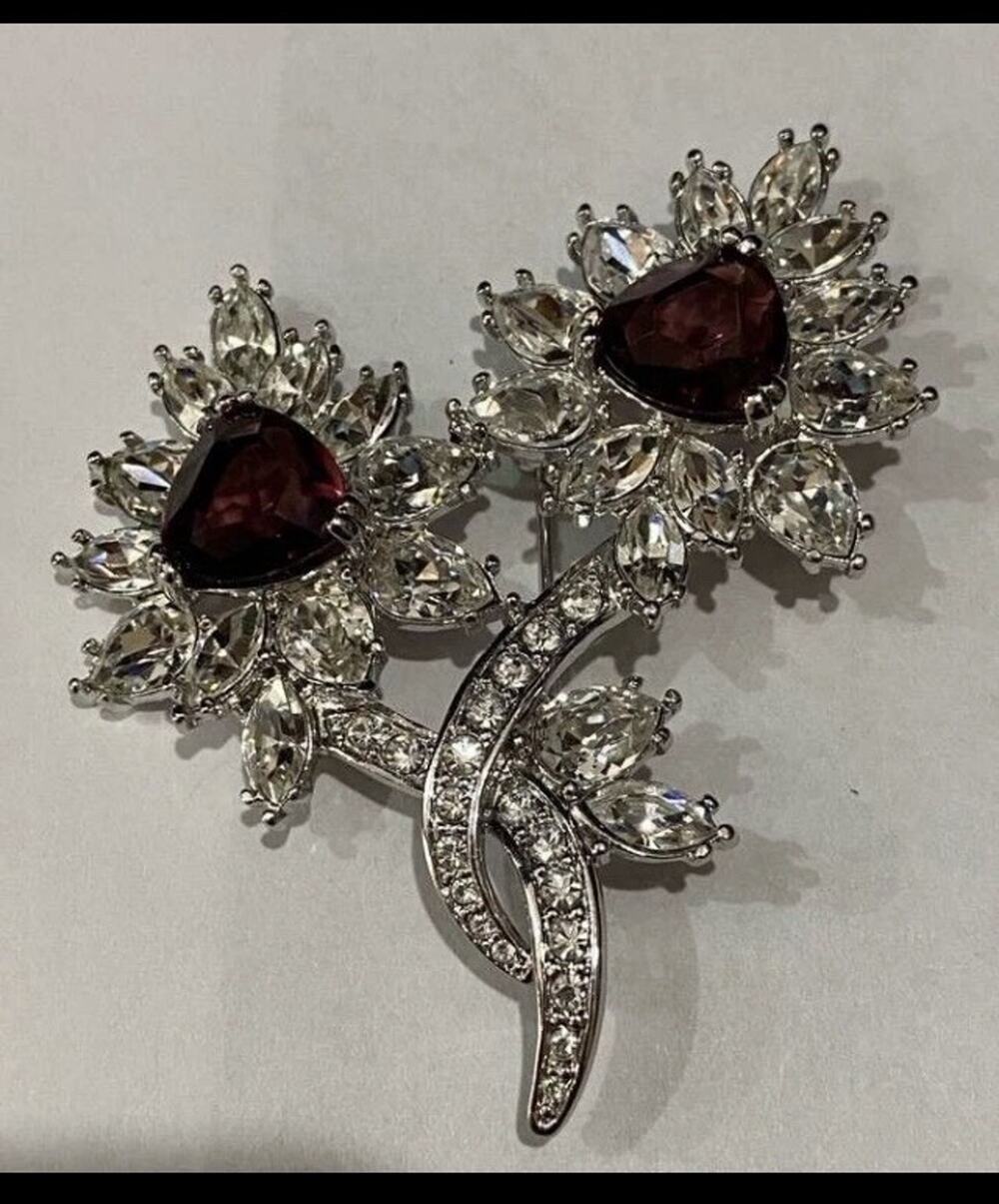 Nolan Miller Silver Tone Clear Purple Trillion Rhinestone Flower Brooch